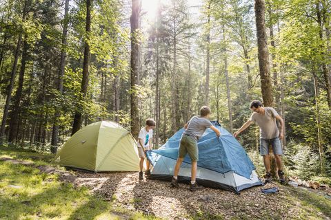 Eine Familie baut Zelte im Trekking-Camp in Baiersbronn auf.