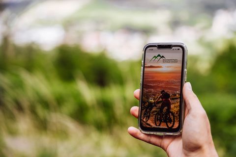 Eine Person hält ein Smartphone in der Hand auf dem die App der Nationalparkregion Schwarzwald geöffnet ist.