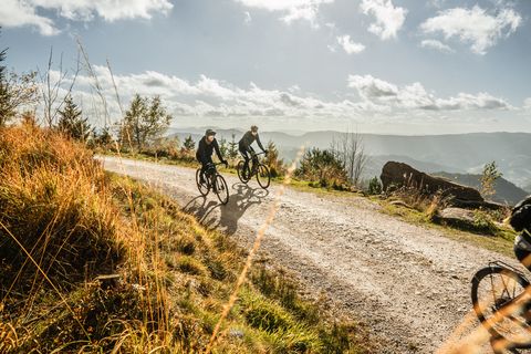 Zwei Personen fahren mit dem Gravelbike über einen breiten Weg mit Ausblick in Baiersbronn