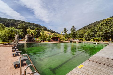 Schwimmerbecken mit Sprungturm, Startblöcken und Kletterfels im Naturbad Mitteltal