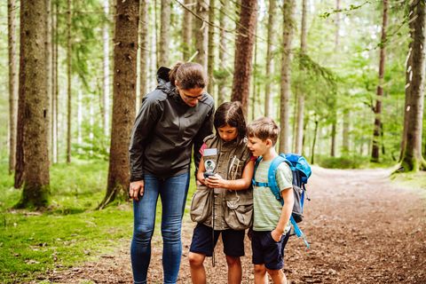 Eine Familie steht im Wald und schaut auf ein GPS-Gerät.