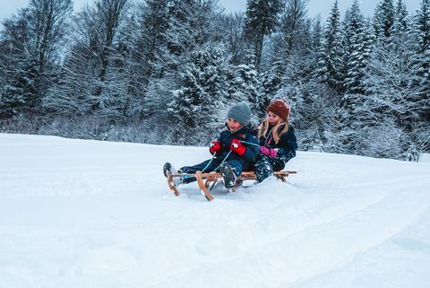 Zwei Kinder rodeln auf einem Schlitten einen Hügel herunter